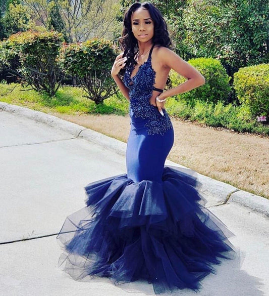 PM435,Sexy Blue Mermaid Applique Beaded Long Prom Evening Gown,Black Girl Bodycon Prom Dresses