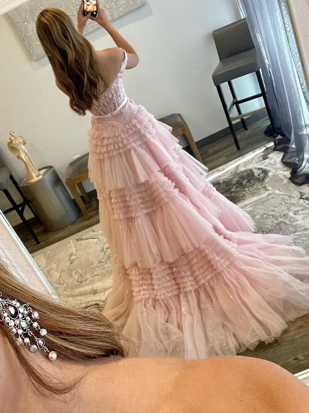 PM500,Princess Off The Shoulder Pink Prom Dresses, Lace Tulle Ruffles Evening Dresses