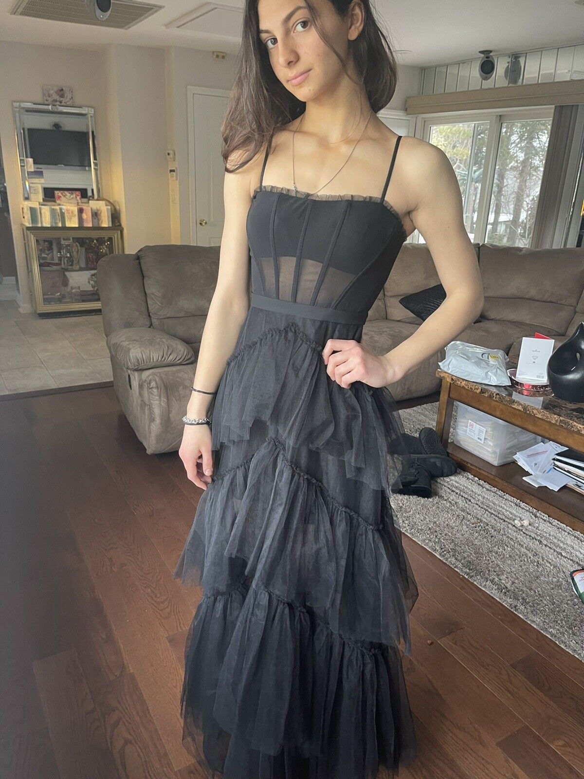 PM414,Elegant A-line Layered Tulle Black Prom Dress,Sheer Corset Long Evening Dress,Black Graduation Dres