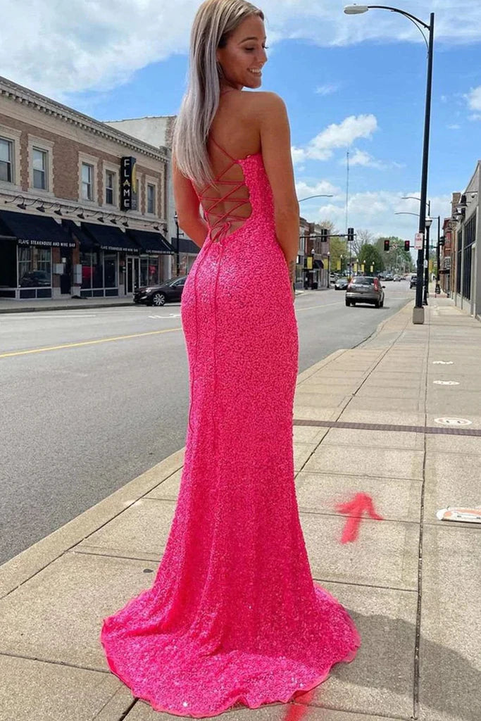 PM102,Sparkly Mermaid Sequined Sleeveless Long Prom Dress With Slit, L ...