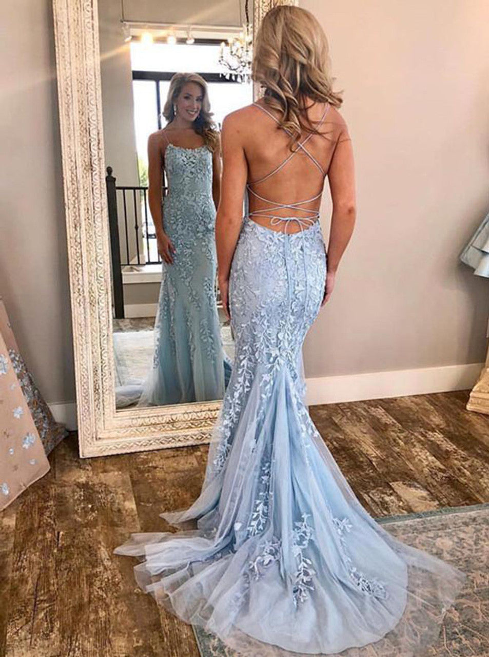 PM347,Sky Blue Applique Tulle Long Prom Dresses,Lace Evening Dresses