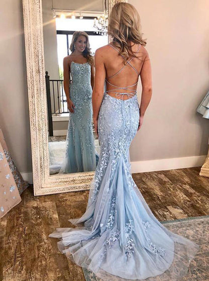PM347,Sky Blue Applique Tulle Long Prom Dresses,Lace Evening Dresses