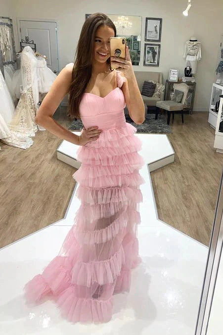PM498,Pink Prom Dresses, Tulle Evening Dresses, Ruffles Long Prom Formal Gown