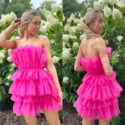 PM302,Hot pink strapless homecoming dresses,tulle mini cocktail dress
