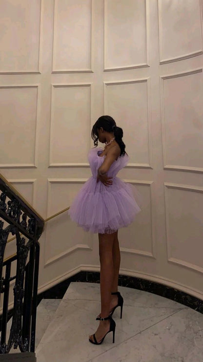 PM025,Light purple tulle mini prom dresses strapless pleated homecoming dress