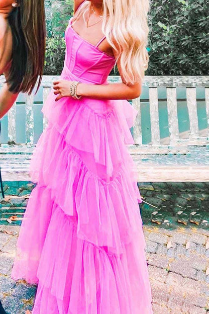 PM027,Princess Hot Pink A Line Tulle Long Prom Dress Layered Ruffles Evening Gown