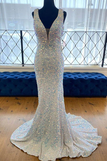 PM103,White Sequined Deep V Neck Sleeveless Glitter Prom Dress, Formal Gown