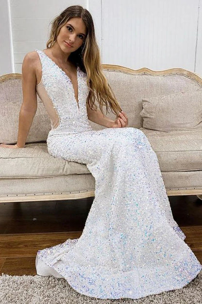 PM104,White Deep V Neck Mermaid Prom Evening Gown, Sequined Long Party Dress