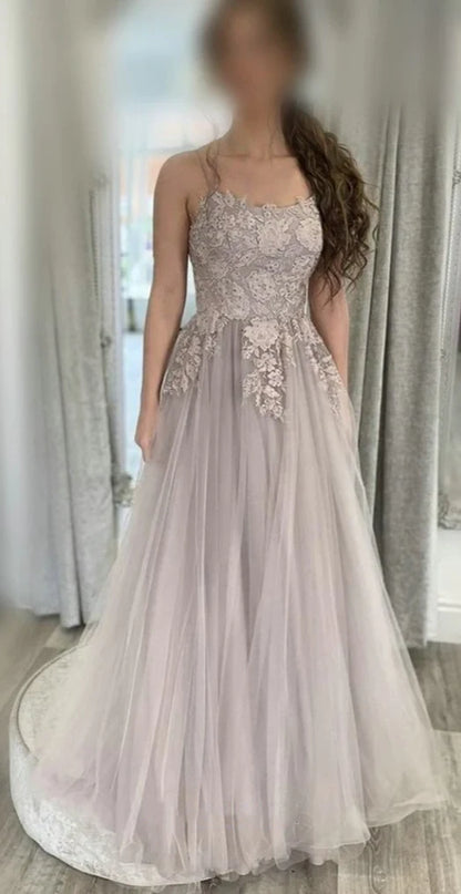 PM342,Grey Applique Tulle Long Prom Evening Dresses,Full Length Formal Gown